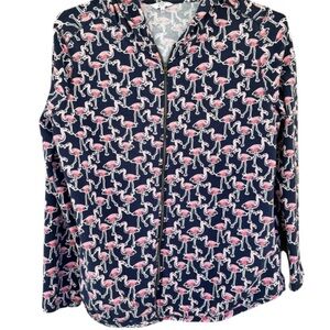 Navy Flamingo Print Zip-Front Blouse